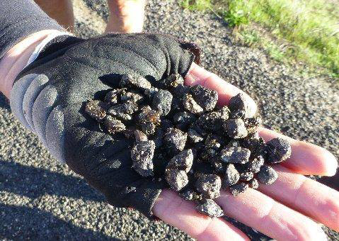 A gloved hand holding asphalt aggregate, showcasing materials from Driveway Experts in Denver, CO.