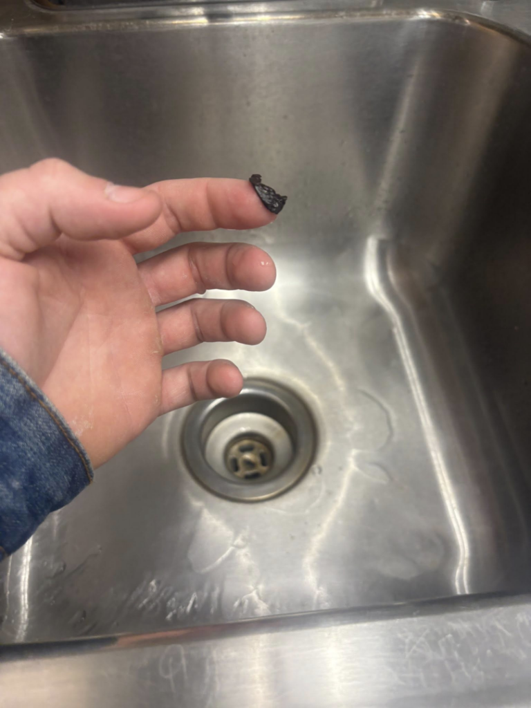 A hand holding debris removed from a clogged sink drain, showcasing plumbing services by Byrd Property Restoration, LLC in Parkersburg, WV.