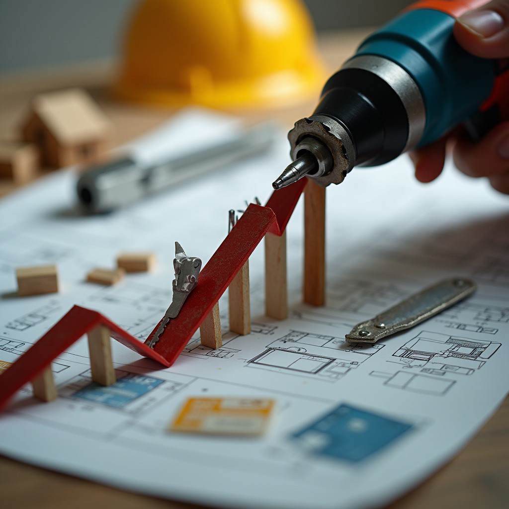 A hand holding a drill over architectural blueprints, symbolizing home improvement and handyman services by Joe's Home Services in Manchester, NH.