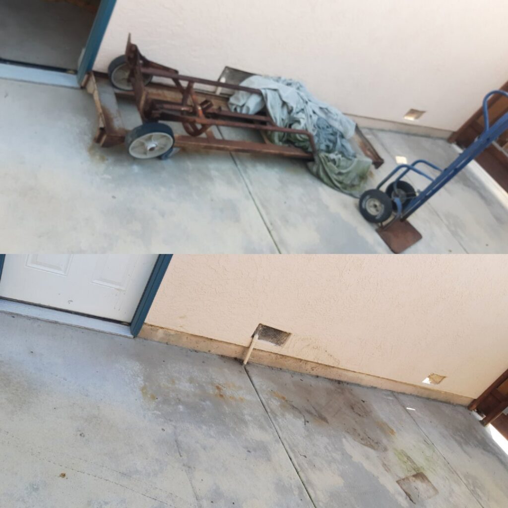Before and after photo of old hand trucks and debris removed from a concrete path by Covered2Clean junk removal/hauling in Sacramento, CA.