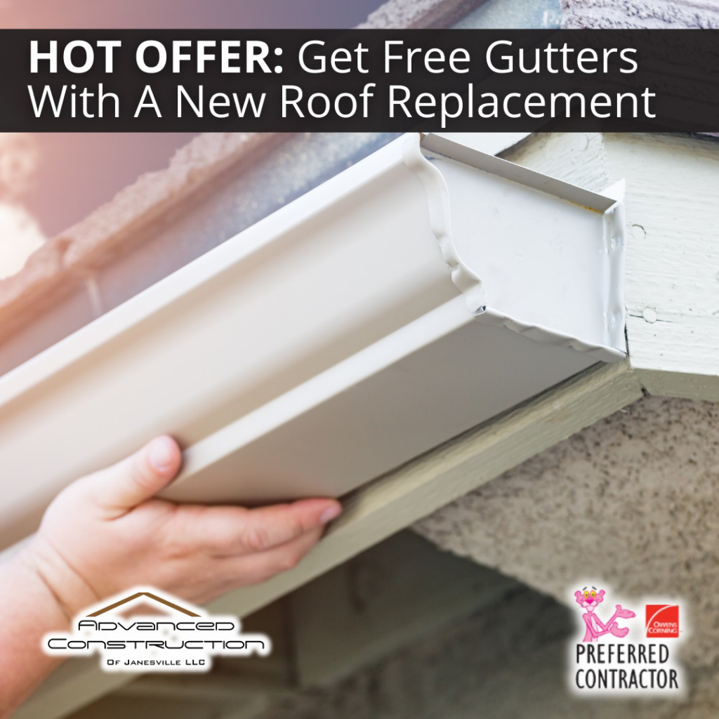 Hands using a hammer to install metal flashing on a shingled roof, demonstrating roofing expertise by Advanced Construction of Janesville LLC in Janesville, WI.