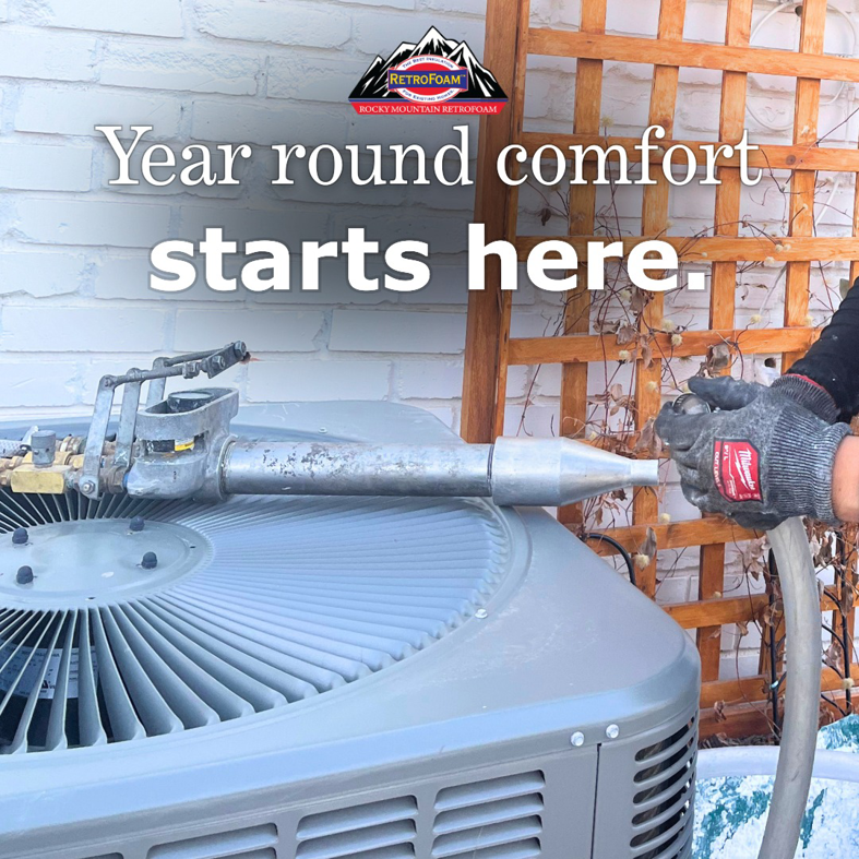 A handyman applying insulation near an outdoor HVAC unit for Rocky Mountain RetroFoam in Denver, CO, ensuring year-round comfort.