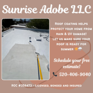 A handyman applying a protective roof coating with a roller, performed by Sunrise Adobe LLC in Tucson, AZ.