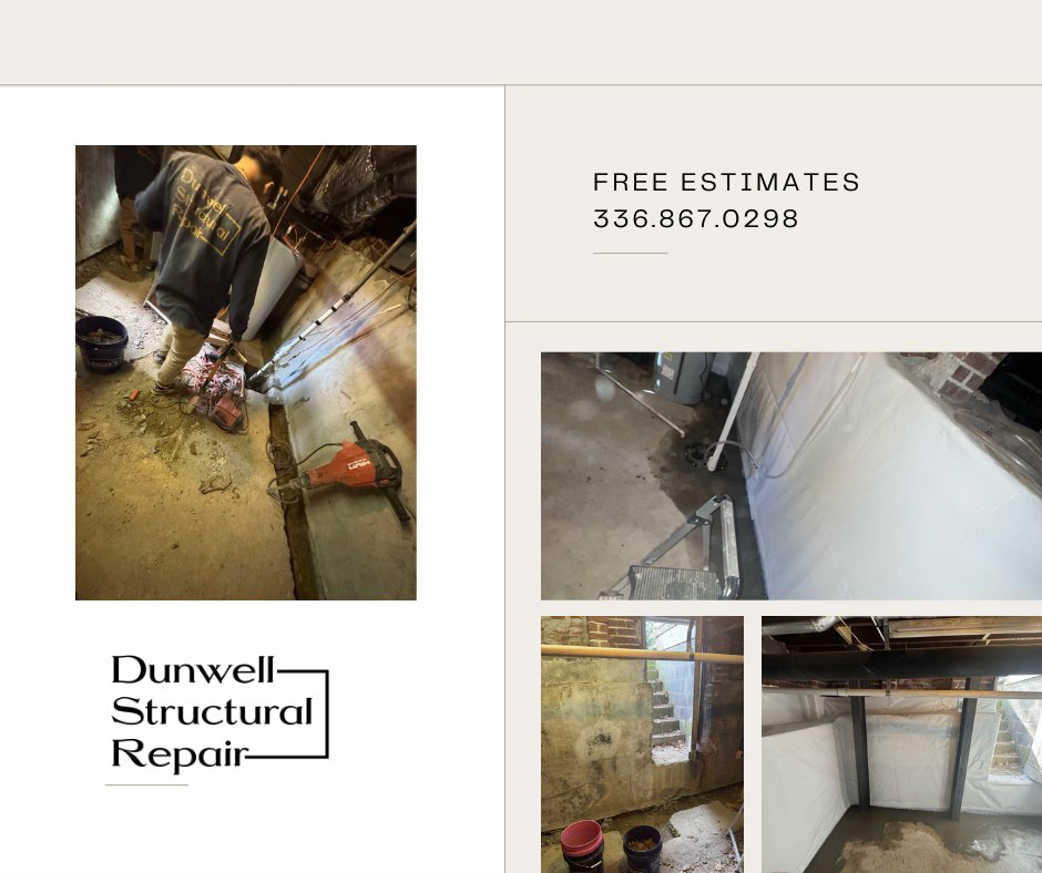 A handyman from Dunwell Structural Repair cutting concrete during a foundation repair project in High Point, NC.