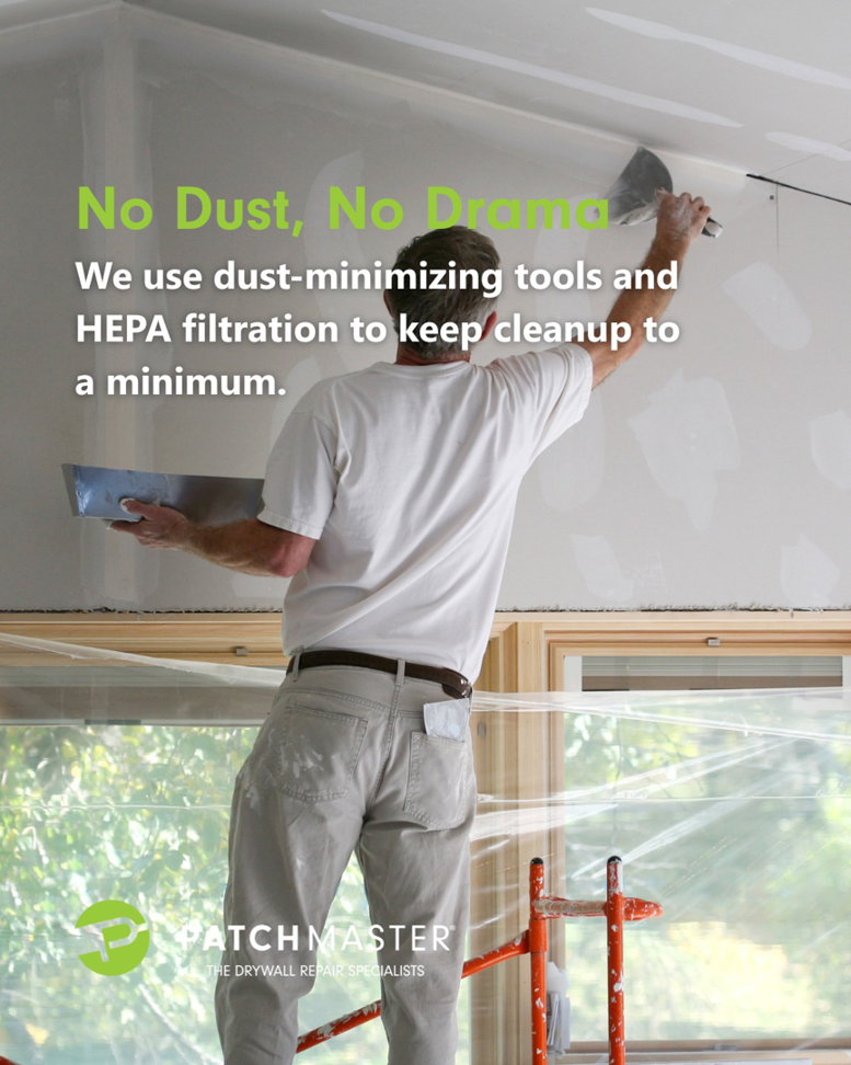 A handyman on a ladder applying joint compound to a ceiling, performing drywall finishing for PatchMaster Saint Charles County in O'Fallon, MO.