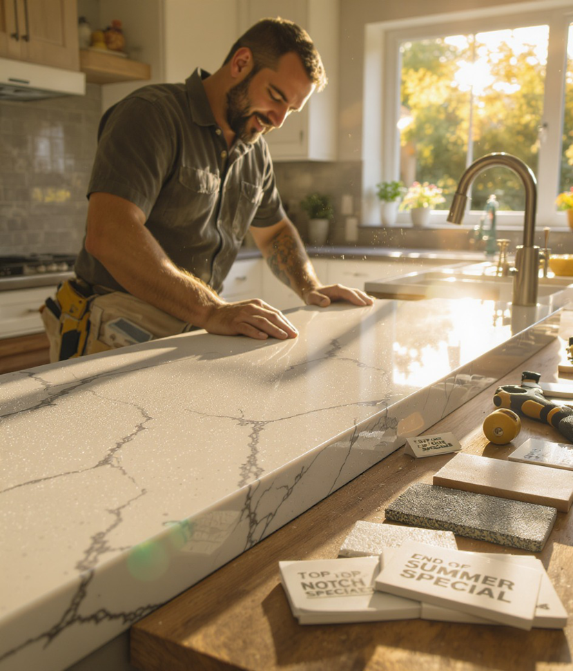 A handyman from Top Notch Specialists LLC inspecting a newly installed kitchen countertop in Charleston, SC.