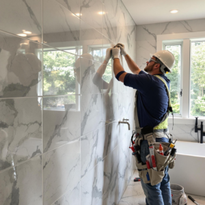 A handyman from MGR HOME Improvement LLC installing bathroom fixtures on a tiled wall in Annapolis, MD.
