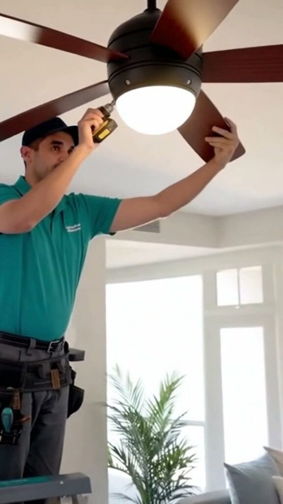 A handyman installing a ceiling fan in a home, a service offered by Vegas Handyman Services in Las Vegas, NV.