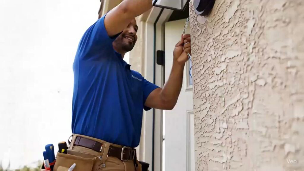 A handyman from Vegas Handyman Services installing an exterior light fixture or camera on a stucco wall in Las Vegas, NV.