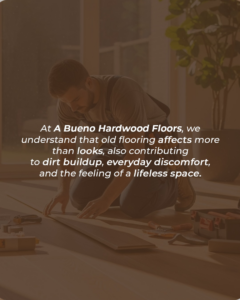 A handyman installing hardwood flooring planks for Bueno Hardwood Floors in Fairfield, CT
