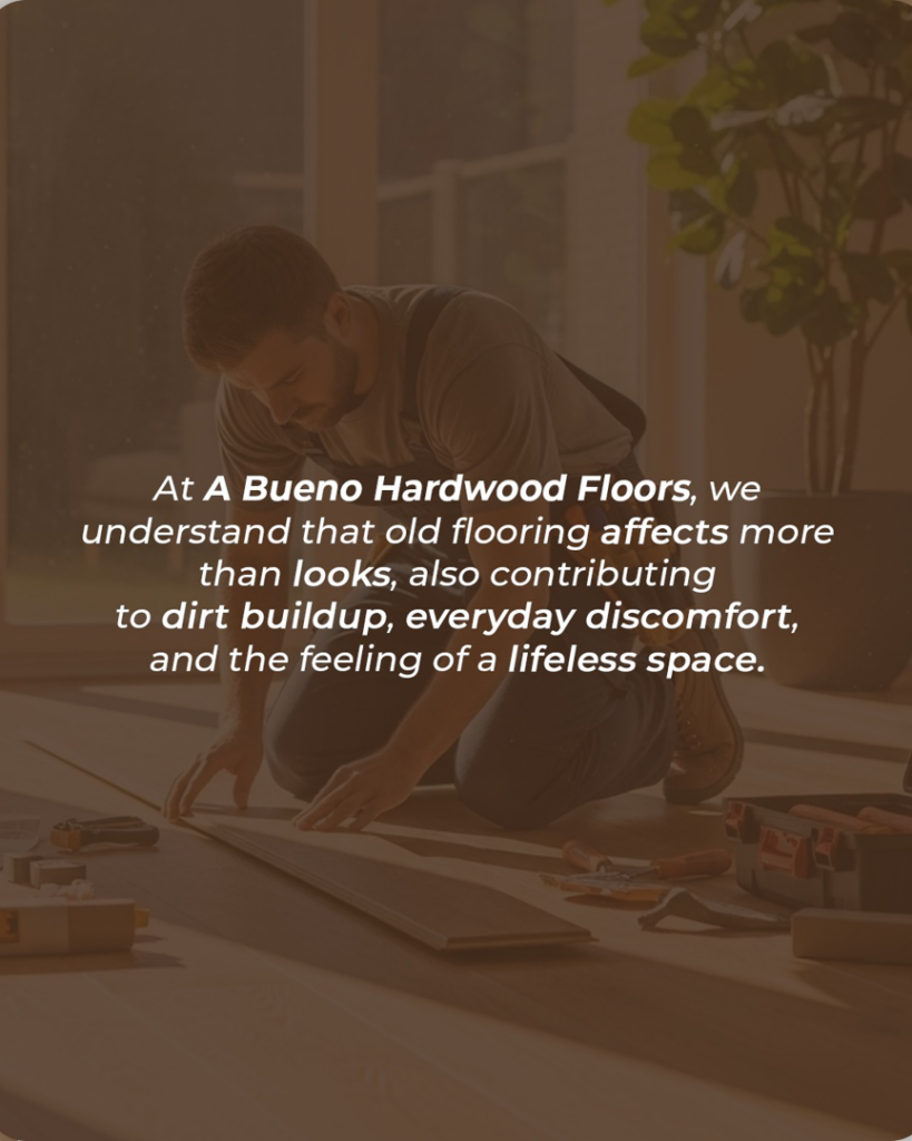 A handyman installing hardwood flooring planks for Bueno Hardwood Floors in Fairfield, CT