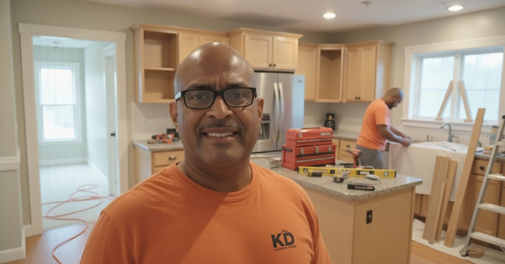 A KWD Contractors handyman installing kitchen cabinets and sink during a renovation project in Bladensburg, MD.