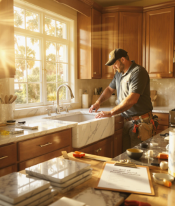 A handyman from Top Notch Specialists LLC installing a new kitchen sink in a home in Charleston, SC.