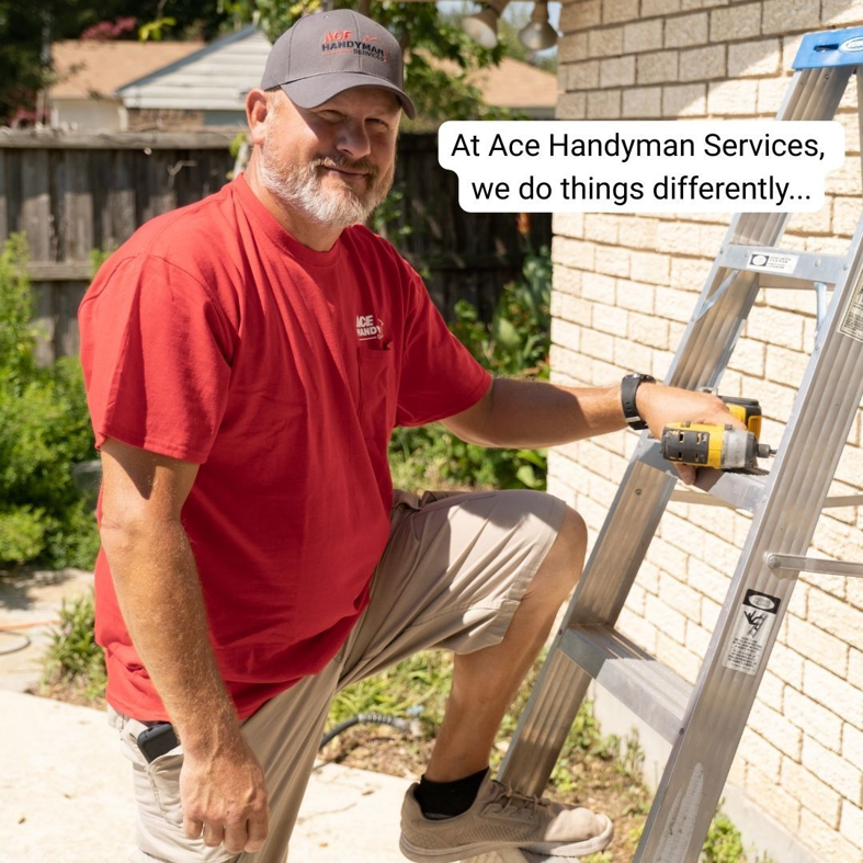 A handyman from Ace Handyman Services on a ladder with a power drill near a brick wall in North Kingstown, RI