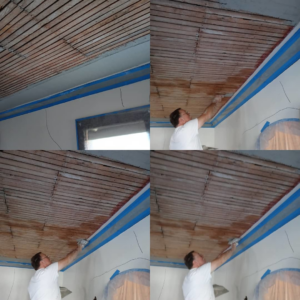 A handyman from JPC Plaster & Drywall applying plaster to an exposed lath ceiling in Ann Arbor, MI.