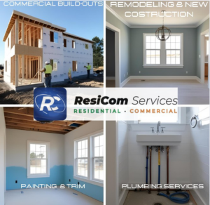 A collage showcasing commercial build-outs, remodeling, painting, and plumbing services by ResiCom Services, LLC in Johnson City, TN