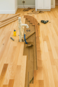 Hardwood floor installation with visible plumbing work by Wolff Renovation in Wilmington, NC.