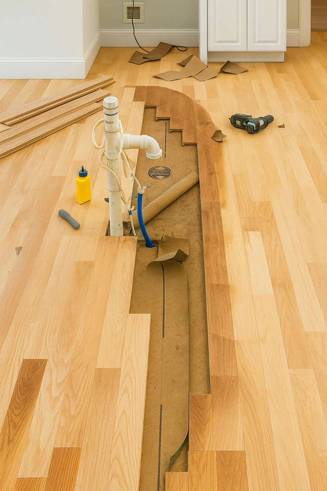 Hardwood floor installation with visible plumbing work by Wolff Renovation in Wilmington, NC.