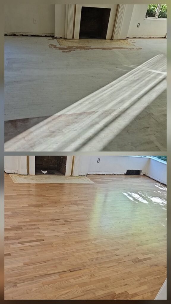 Before and after comparison of a hardwood floor refinishing project by Quick Sand Flooring & Install LLC in Millcreek, UT.