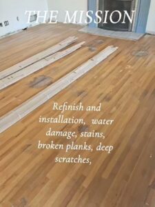 Hardwood floor repair and installation in progress, addressing water damage and scratches, by Quick Sand Flooring & Install LLC in Millcreek, UT.