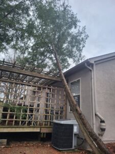 A hazardous tree leaning dangerously against a residential structure, indicating a need for professional tree removal by ES Tree Services Llc in Columbus, OH