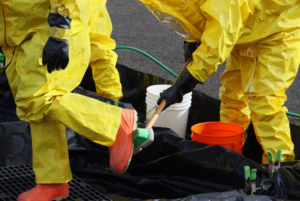 A hazmat cleanup crew member decontaminating another's boots in a containment area for BIO Cleanup AZ in Phoenix, AZ.