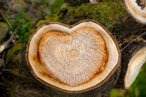 A freshly cut tree stump with a heart-shaped center, showcasing tree removal by Hiatt Services in Spokane, WA.