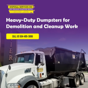 A heavy-duty roll-off dumpster covered and ready for transport by Disposal Services Inc. in New Orleans, LA