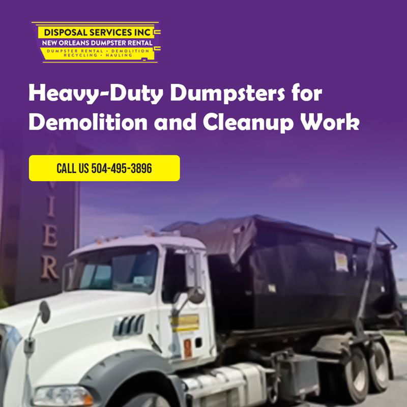 A heavy-duty roll-off dumpster covered and ready for transport by Disposal Services Inc. in New Orleans, LA
