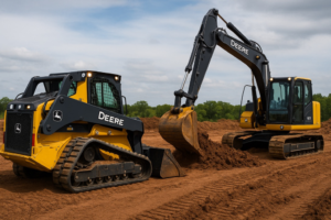 Heavy construction equipment, an excavator and skid steer, performing site prep for TMW Site Solutions in Corpus Christi, TX.