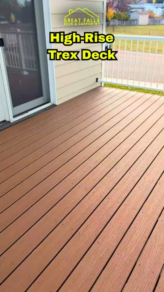 A high-rise Trex deck providing elevated outdoor living space, constructed by Great Falls Deck & Carpentry in Great Falls, MT.