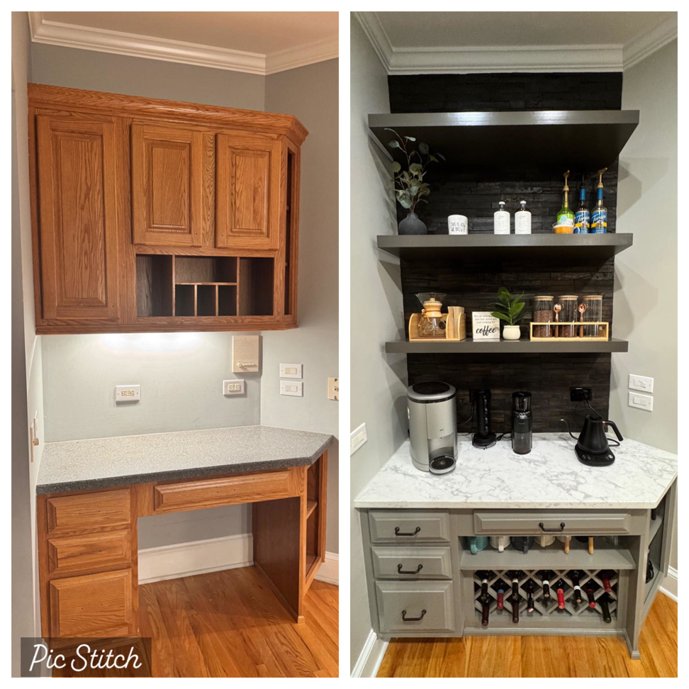 Before and after of a home bar renovation by Titan Built Construction, LLC in Huntersville, NC, featuring new cabinetry and shelving.