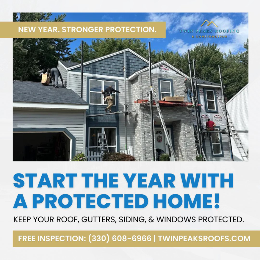 Exterior home renovation, including roofing and siding installation, by Twin Peaks Roofing & Construction in Akron, OH