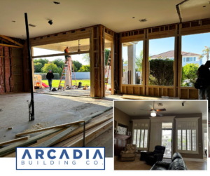 Before and after view of a home renovation project, showing construction and the finished living space by Arcadia Building Company in Mesa, AZ.
