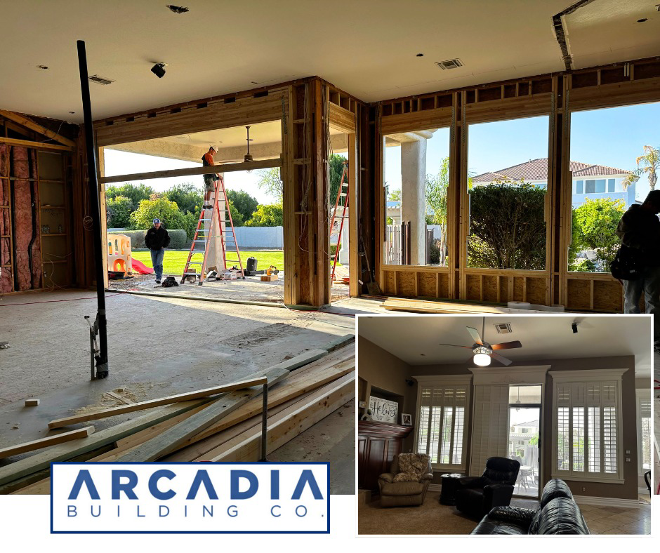 Before and after view of a home renovation project, showing construction and the finished living space by Arcadia Building Company in Mesa, AZ.
