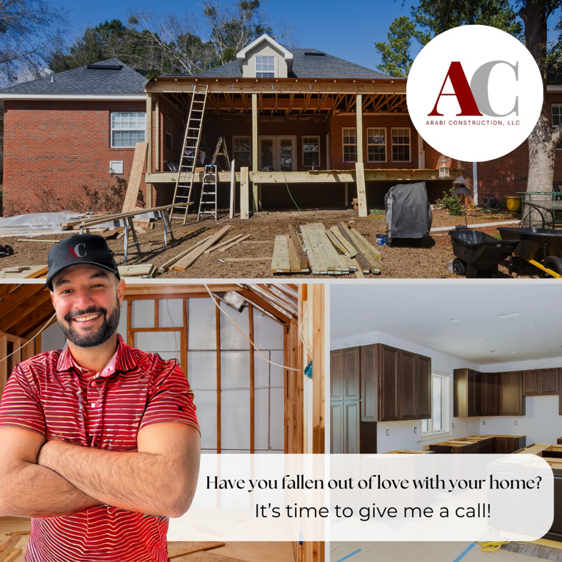A collage showing home renovation projects, including deck construction, interior framing, and a finished kitchen remodel by Arabi Construction, LLC in Wake Forest, NC.