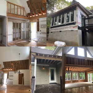 A collage showing home renovation with interior framing, drywall, and exterior construction by Midlothian, Inc. in Kenbridge, VA.
