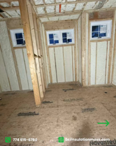 Home renovation project showing new windows and spray foam insulation on wall studs by BCI Insulation in Byron, GA