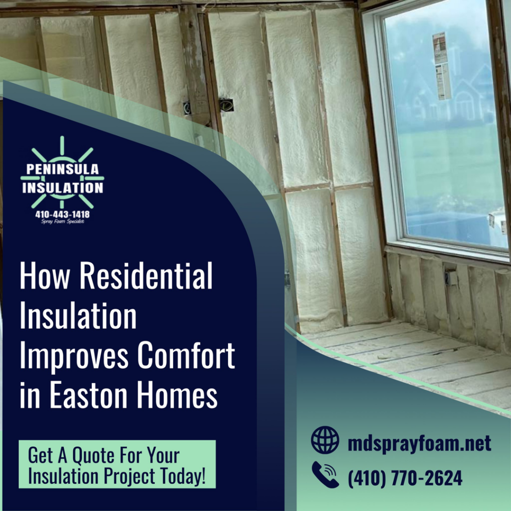 Home wall insulation with spray foam applied around a window by Peninsula Insulation, LLC in Easton, MD.