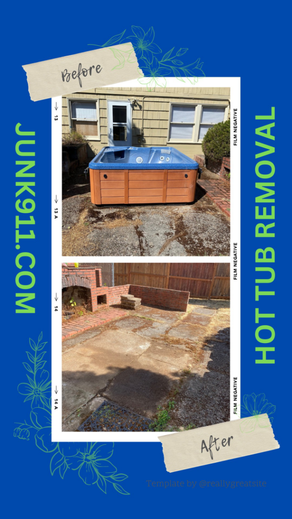 Before and after photos of a hot tub removal service provided by Junk911 in Turner, OR