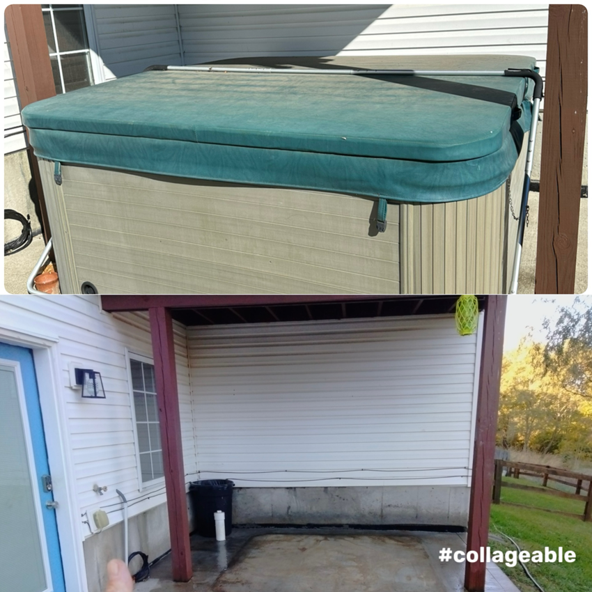 Before and after photo showing a hot tub removed from a patio by Maddogg Junk Removal in Nicholasville, KY.