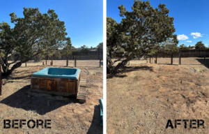 Before and after photos illustrating a hot tub removal service by Duke City Dumpster Rentals LLC in Albuquerque, NM.