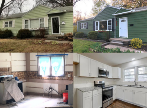 Before and after photos of a house exterior and kitchen renovation by EXCEL Handyman in Raytown, MO.