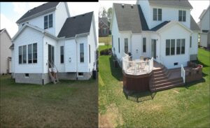 Before and after view of a house exterior showing a new deck and sunroom addition by Pink Rose Home Service in Rochester, NY.