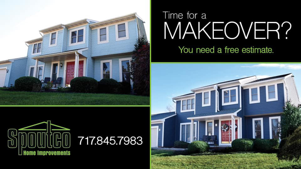 Before and after comparison of a house exterior makeover completed by Spoutco Home Improvements in York, PA.