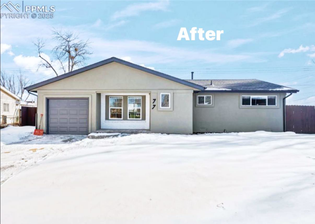 An 'After' photo of a house exterior renovation with new paint and windows by Pineda's Construction LLC in Colorado Springs, CO