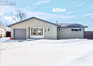An 'After' photo of a house exterior renovation with new paint and windows by Pineda's Construction LLC in Colorado Springs, CO