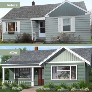 Before and after comparison of a complete house exterior renovation by Dream Construction in Johnson City, TN.