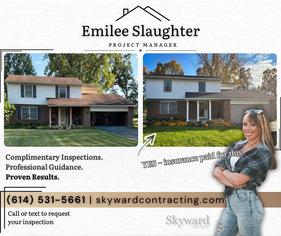 Before and after of a house exterior renovation completed by Emilee Slaughter, Home Exterior Specialist in Grove City, OH