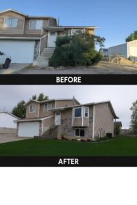 Before and after of a house exterior renovation, including siding and landscaping, by SurePlan Handyman in North Ogden, UT